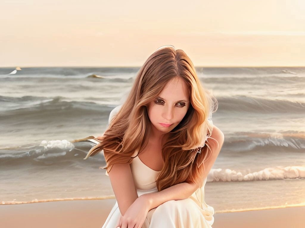 Une jeune femme dans une robe blanche sur le sable avec la mer en arrière plan