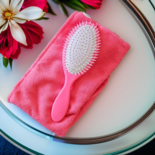 brosse à cheveux rose poser sur sa serviette sur un plateau