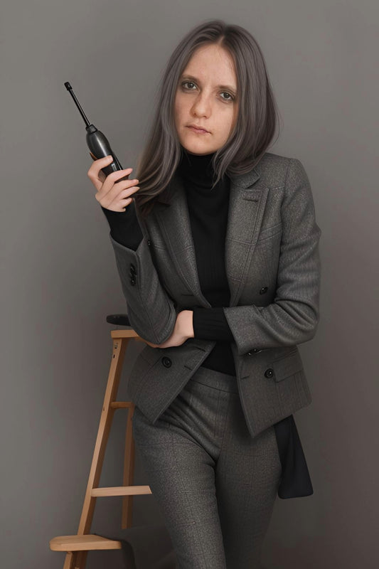 femme avec téléphone dans un costume gris