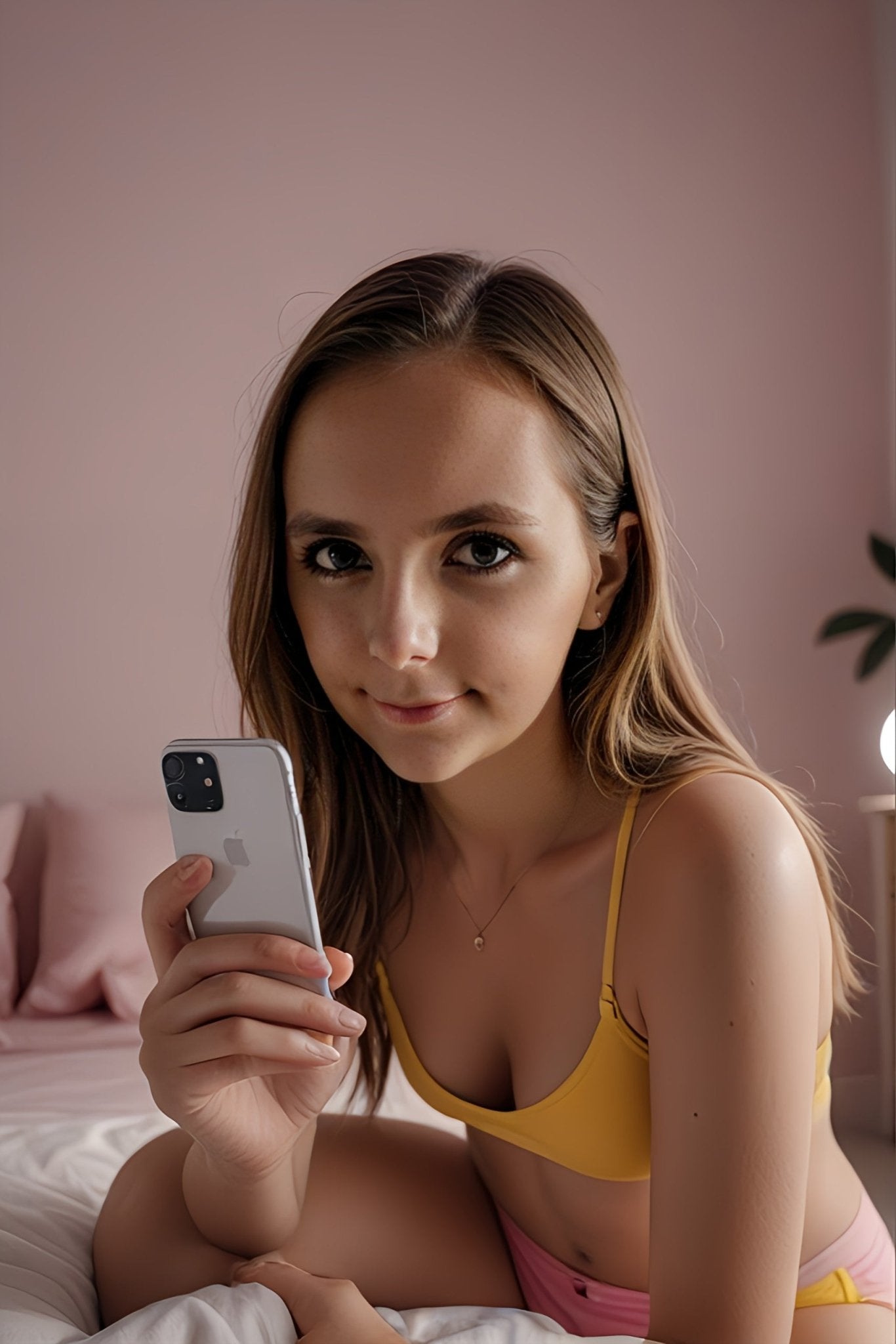 Une belle femme en brassière jaune, captivée par son téléphone, dégage une aura de charme irrésistible.