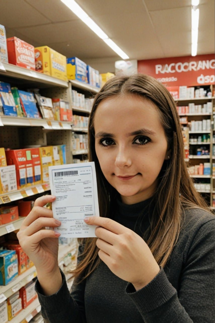 Fille dans un magasin qui montre un ticket de caisse
