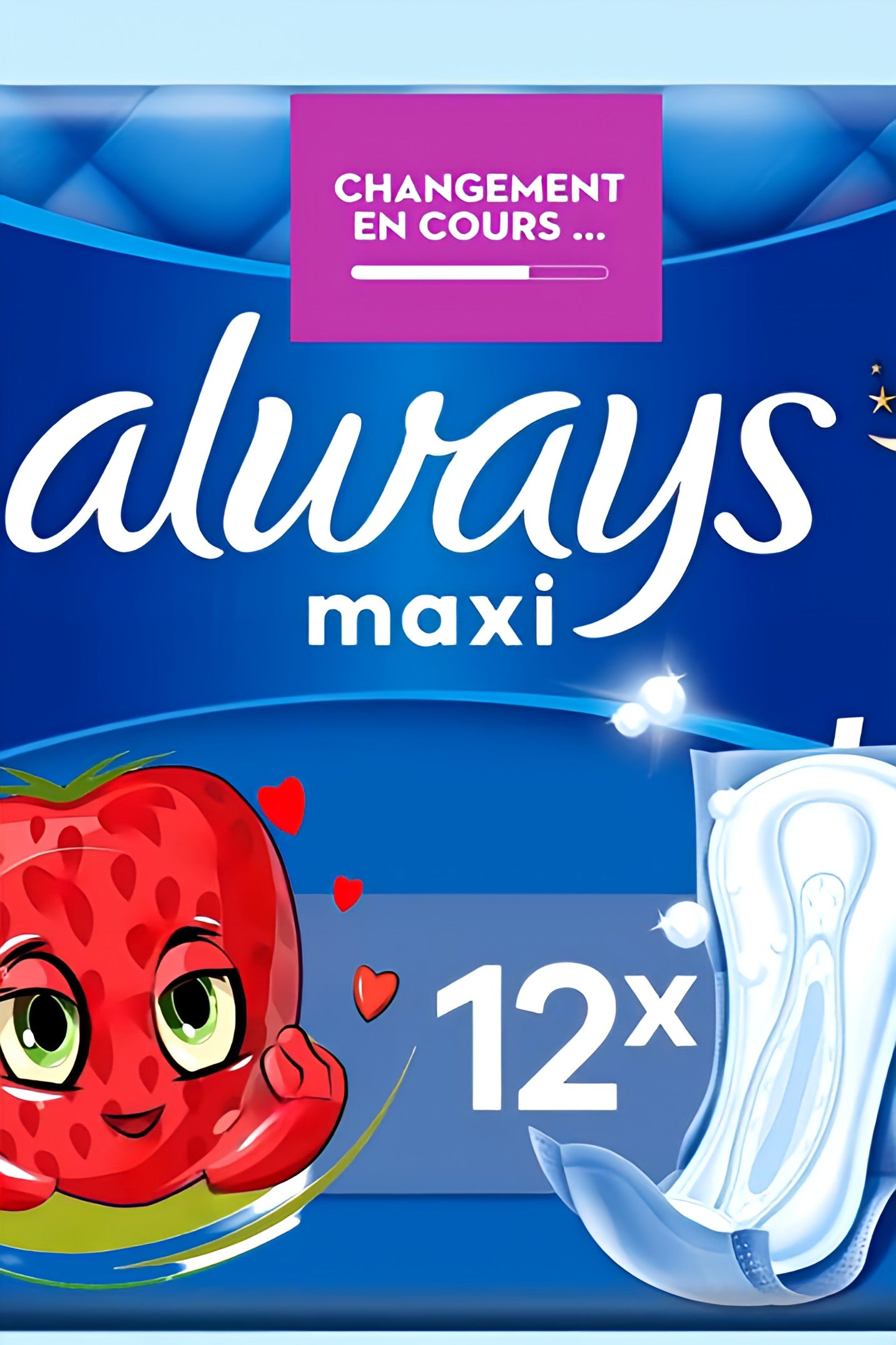 Serviettes hygiéniques Always Maxi aux fruits, avec des arômes de fraise et de myrtille pour un confort frais et agréable.