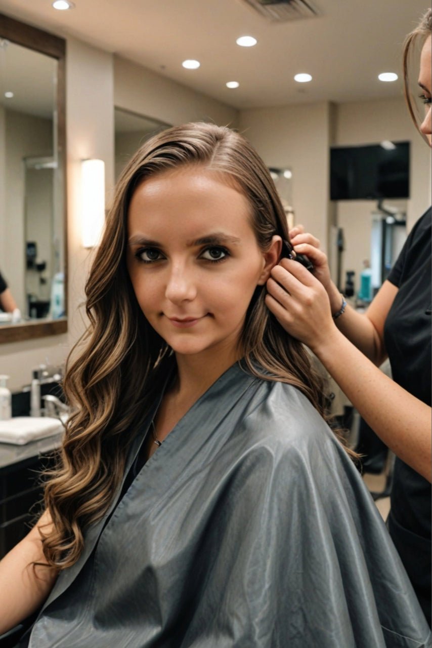 Une femme se fait coiffer par un coiffeur dans un salon, mettant en avant un moment de soin et de beauté.