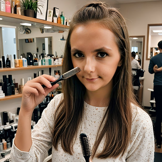 Une belle jeune femme se coiffe avec une brosse à cheveux dans un salon, incarnant la séduction et la sophistication.